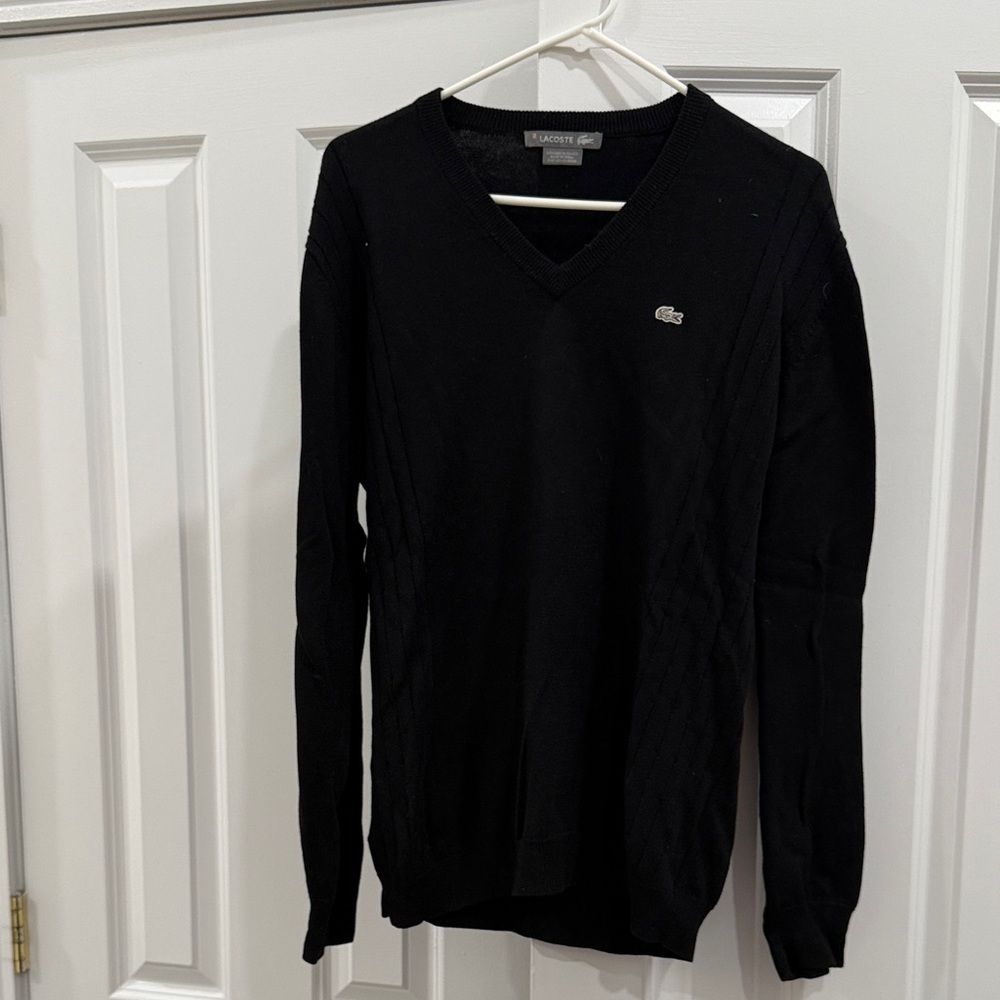 Lacoste Men's Black V-Neck Sweater Cotton and 15% Cashmere (Large)